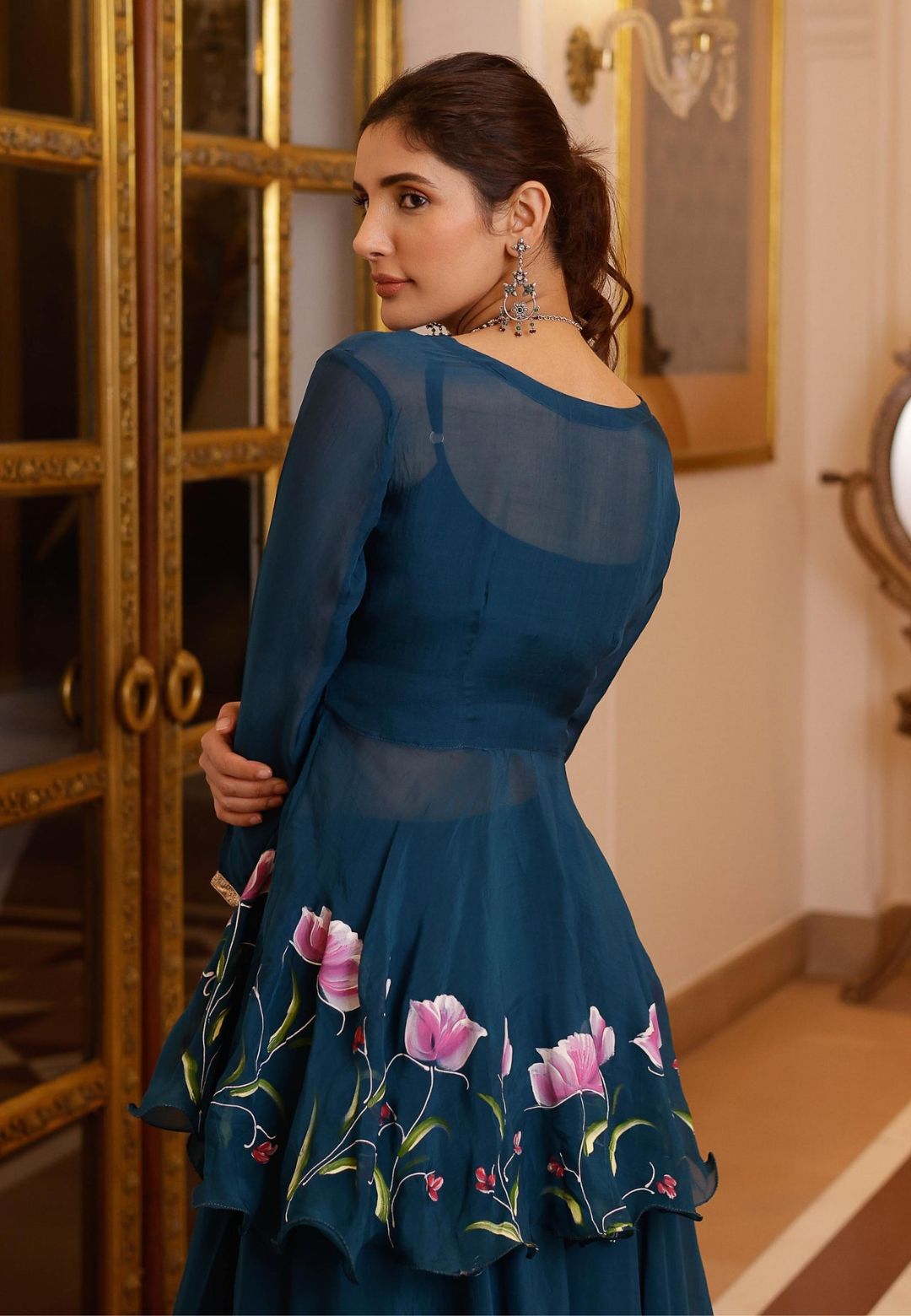 BLUE KAASNI HANDPAINTED ORGANZA SHARARA SET