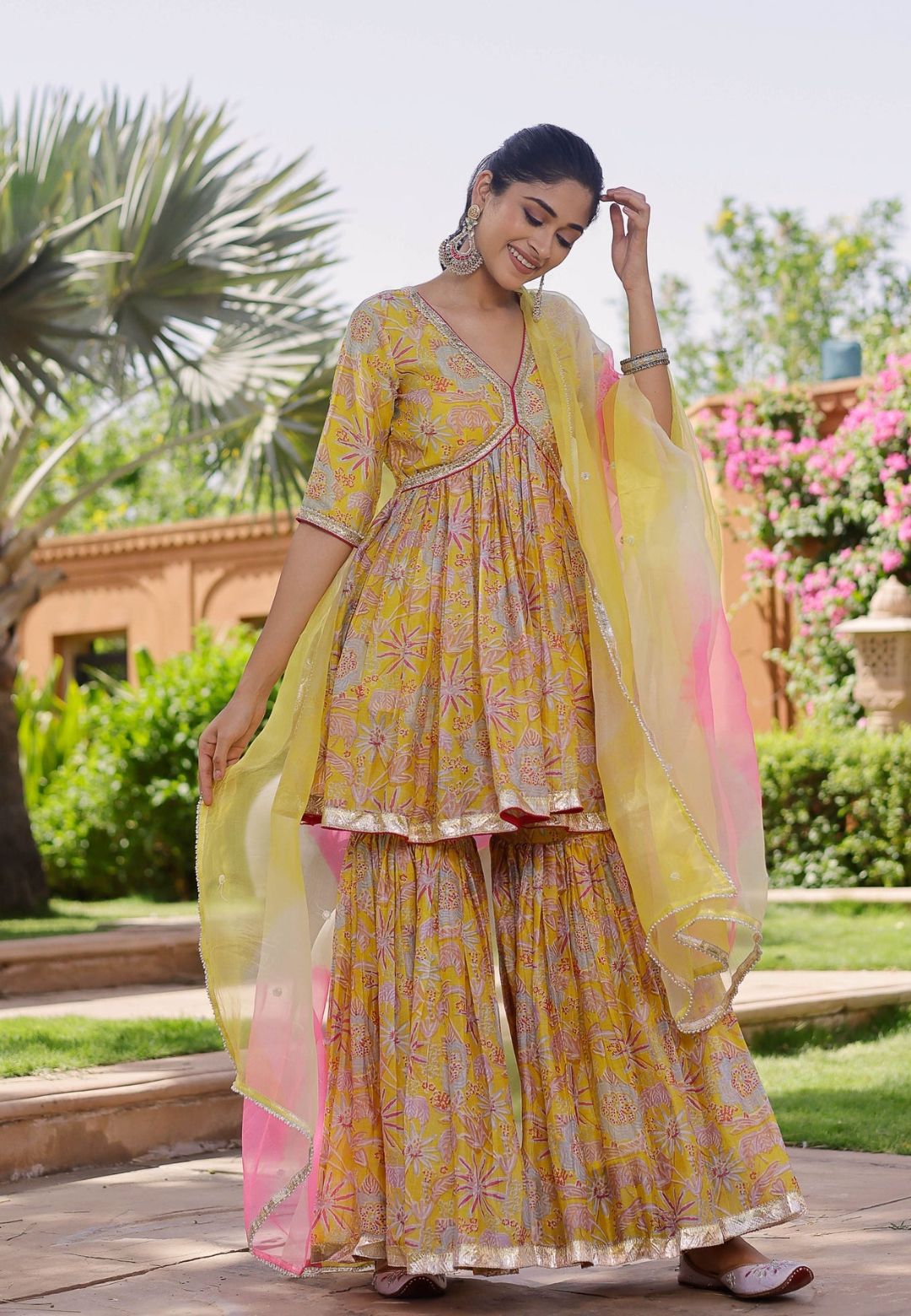 YELLOW MOHINI CHANDERI SHARARA SET