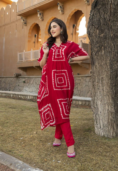 RED MABEL SILK TIE & DYE KURTA SET