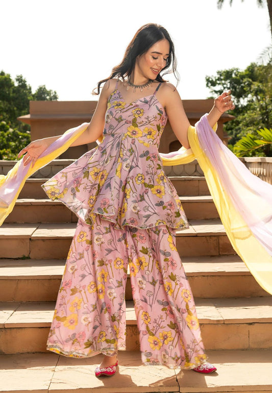 PINK SANSA CHANDERI SHARARA SET