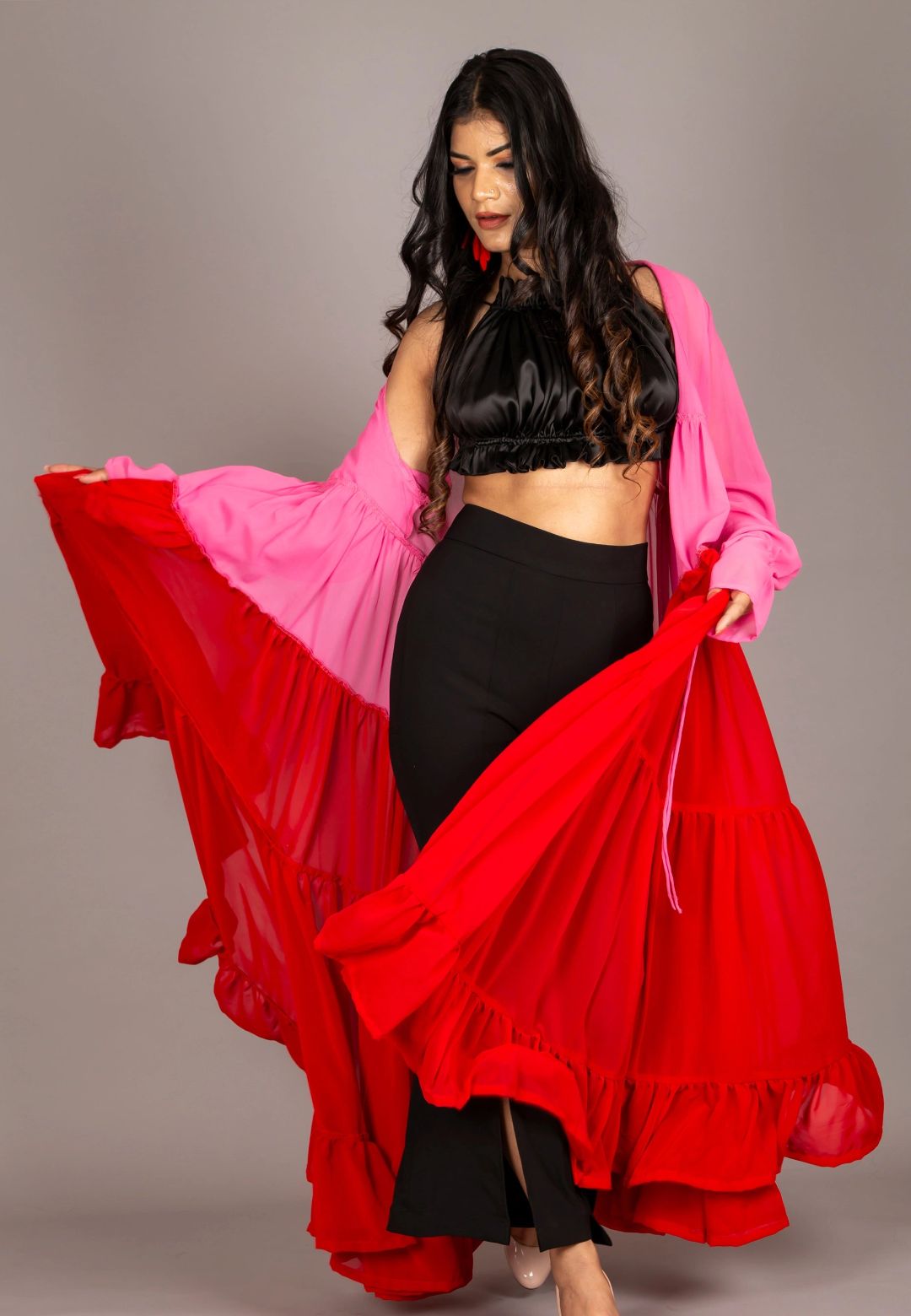 PINK RED TIERED SHRUG