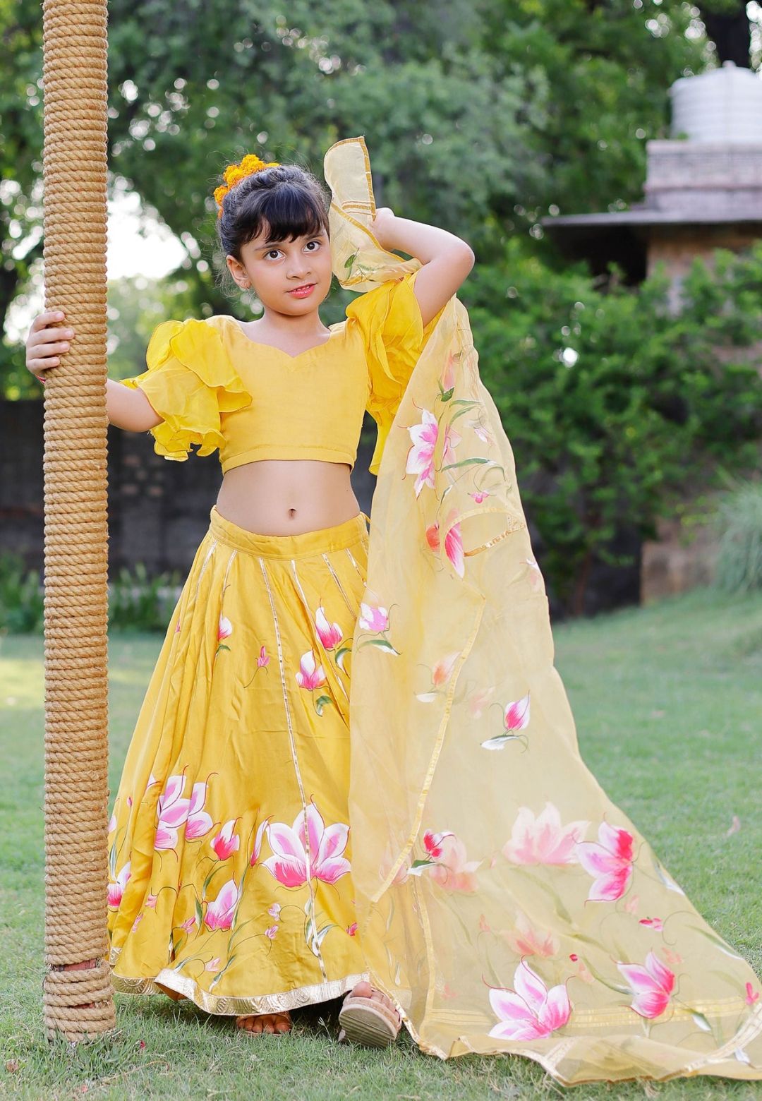 YELLOW DARIA SATIN HANDPAINTED LEHENGA SET