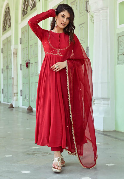 RESHAM RED COTTON SILK SUIT SET