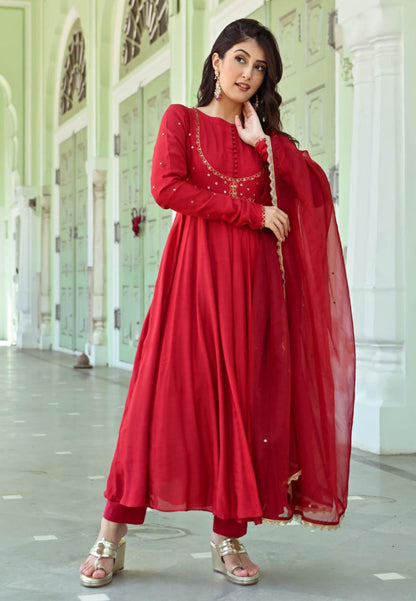 RESHAM RED COTTON SILK SUIT SET