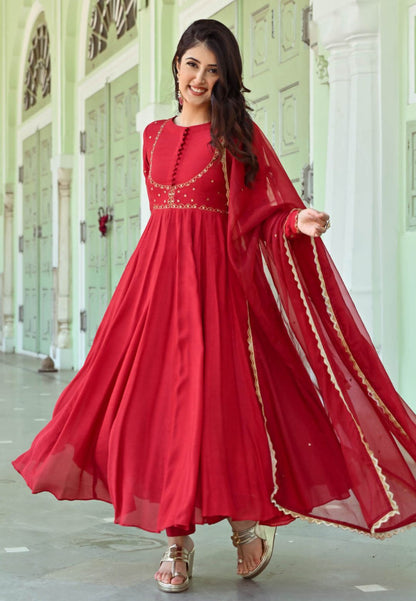 RESHAM RED COTTON SILK SUIT SET