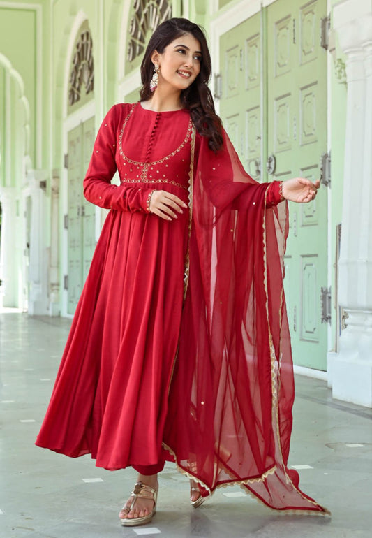 RESHAM RED COTTON SILK SUIT SET