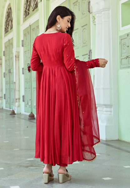 RESHAM RED COTTON SILK SUIT SET