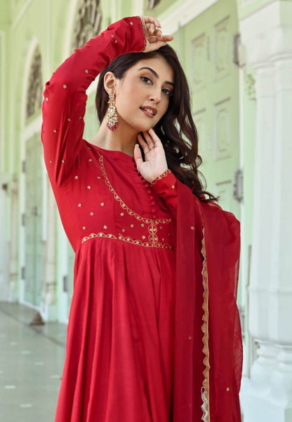 RESHAM RED COTTON SILK SUIT SET