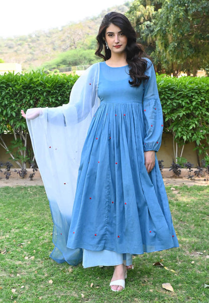 BLUE HEART COTTON MUL SUIT SET