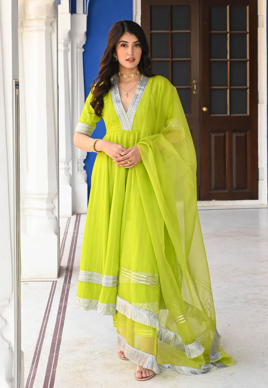 PARROT GREEN FANAA LUREX SUIT SET