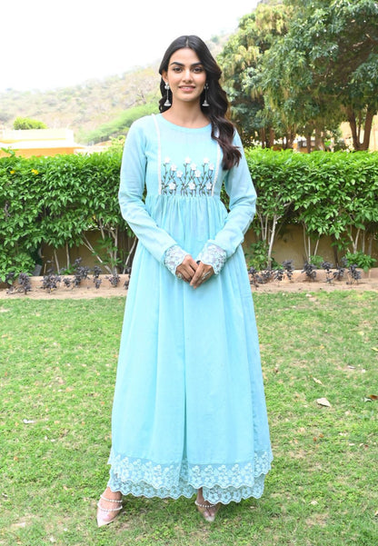 BLUE LACE COTTON MULMUL SUIT SET