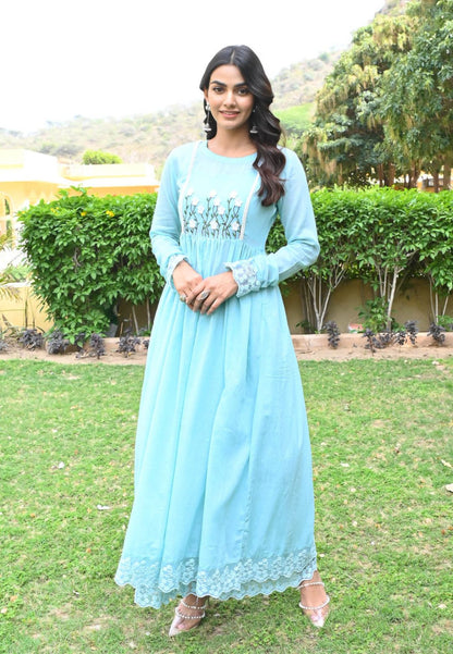 BLUE LACE COTTON MULMUL SUIT SET