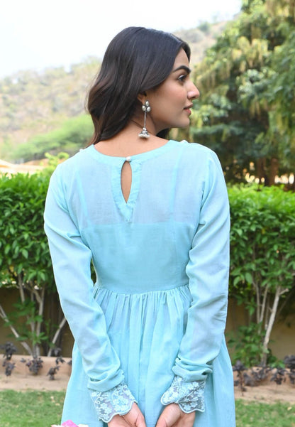 BLUE LACE COTTON MULMUL SUIT SET