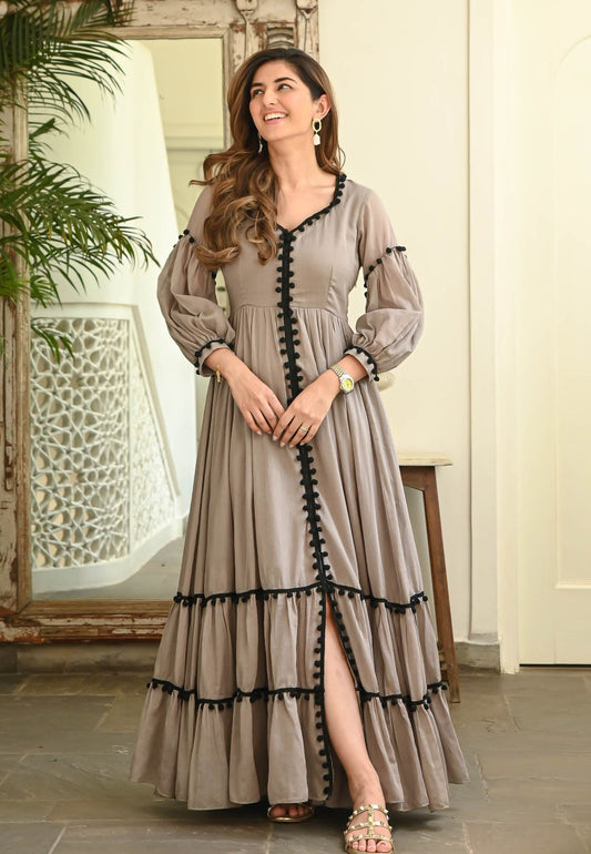 POMPOM GREY COTTON ANARKALI DRESS