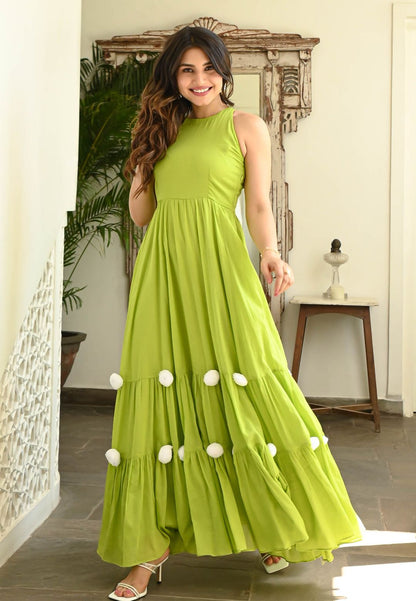 POMPOM GREEN COTTON ANARKALI DRESS