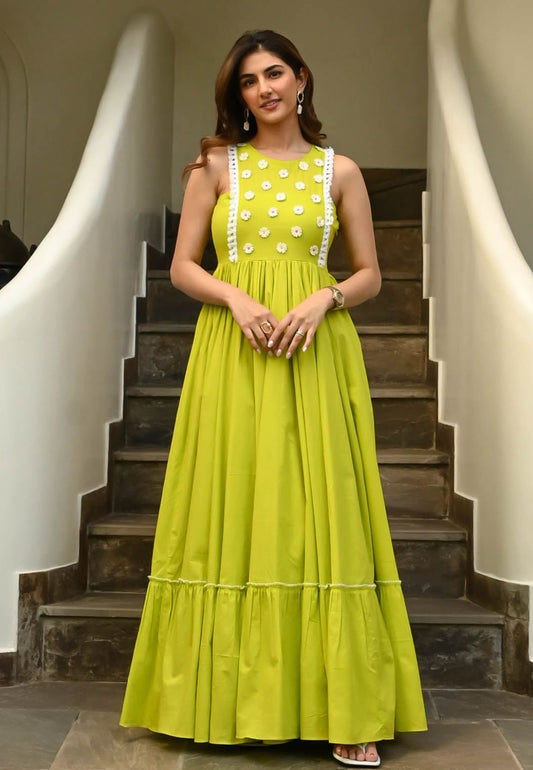 BRIGHT LIME LACE COTTON  ANARKALI DRESS