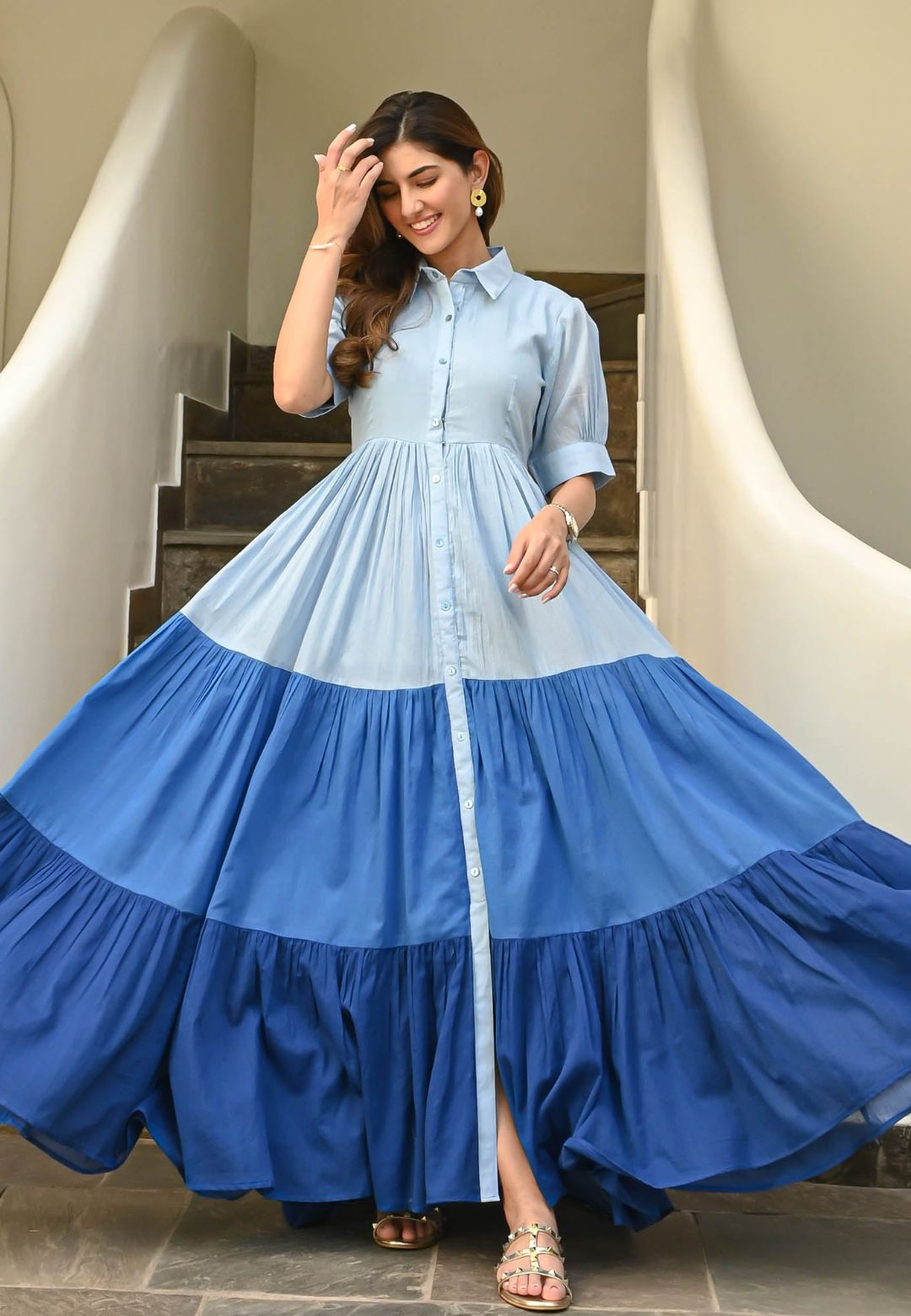 BLUE TIERED SHIRT DRESS