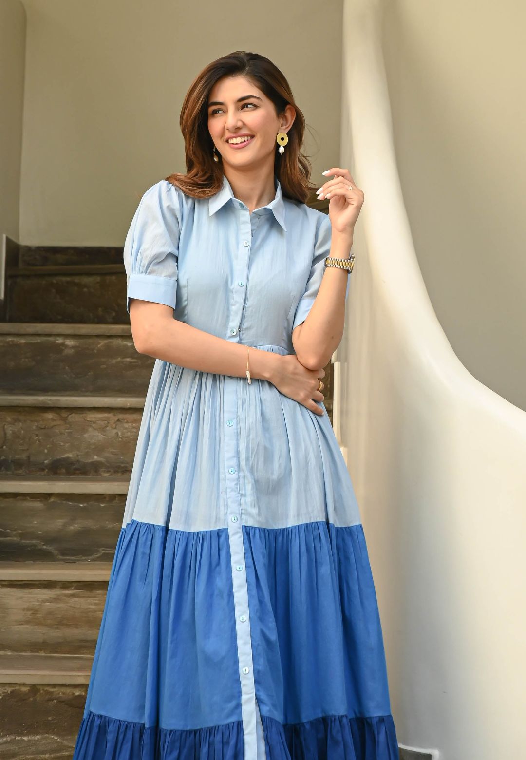 BLUE TIERED SHIRT DRESS