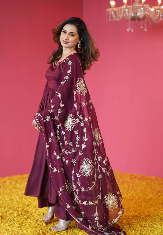 WINE PURPLE MUSLIN COTTON ANARKALI SUIT SET