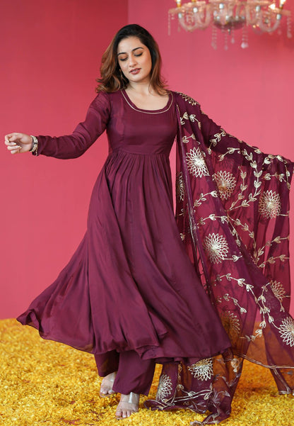 WINE PURPLE MUSLIN COTTON ANARKALI SUIT SET