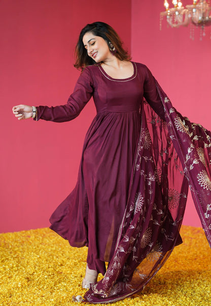 WINE PURPLE MUSLIN COTTON ANARKALI SUIT SET