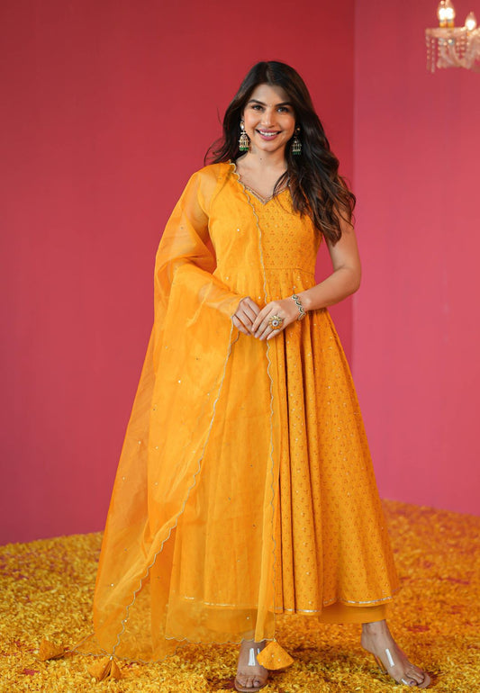 YELLOW CHIKANKARI COTTON ANARKALI SUIT SET