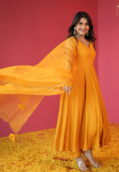 YELLOW CHIKANKARI COTTON ANARKALI SUIT SET