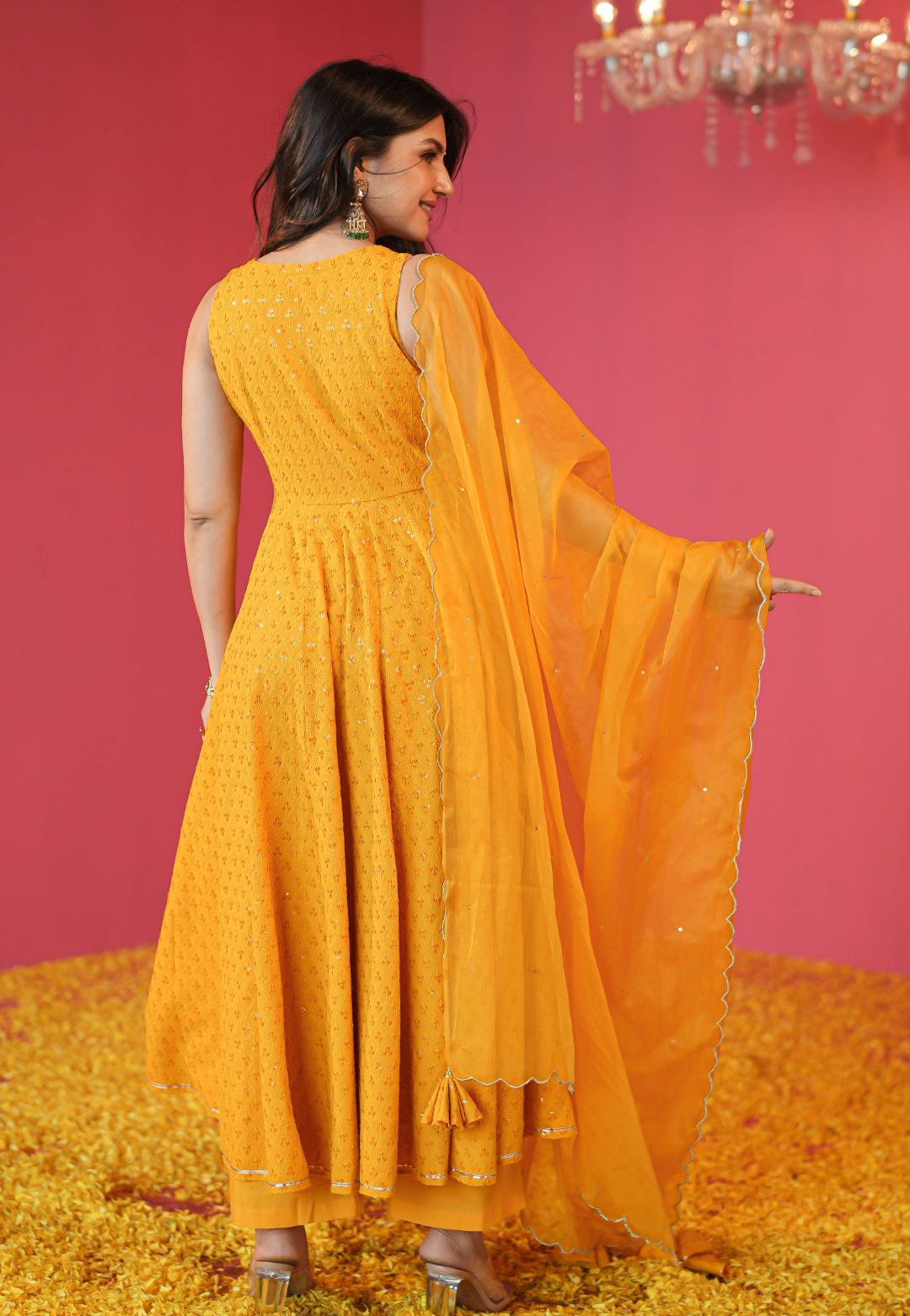YELLOW CHIKANKARI COTTON ANARKALI SUIT SET