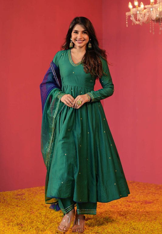 GREEN CHANDERI SUIT WITH ORGANZA DUPATTA