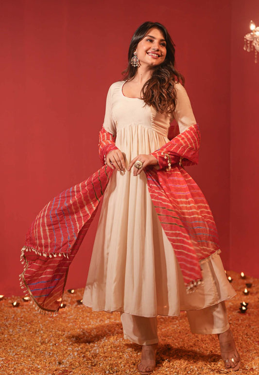 BEIGE MUSLIN ANARKALI WITH LEHERIYA DUPATTA SUIT SET