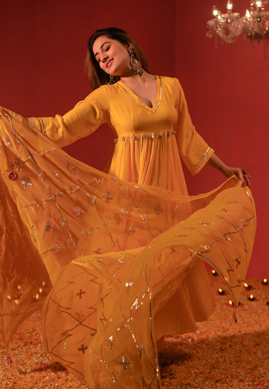 MANGO YELLOW MUSLIN ANARKALI SUIT SET