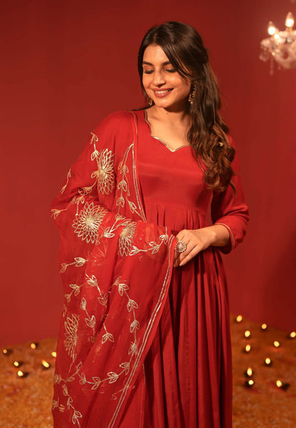 RUST MAROON MUSLIN COTTON ANARKALI SUIT SET