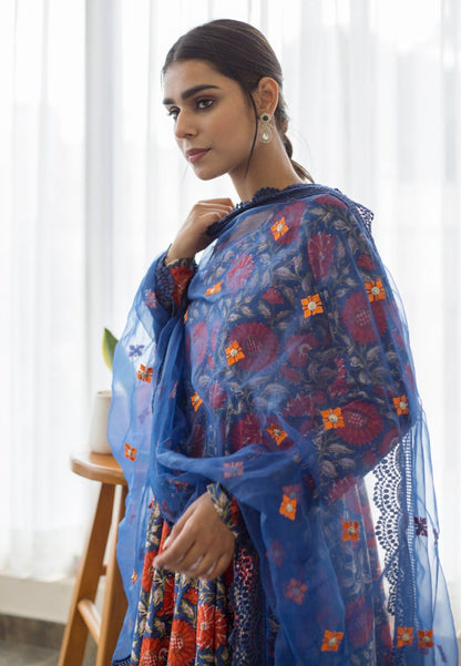 DAHLIA BLUE COTTON ANARKALI SUIT SET