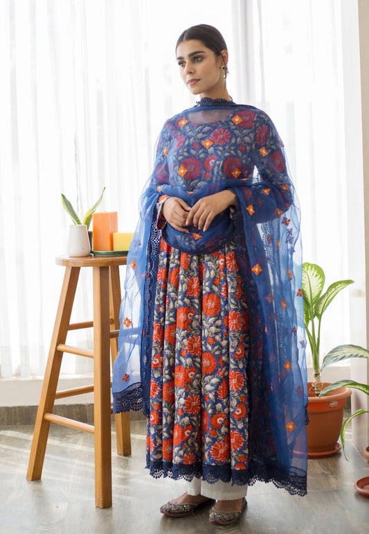 DAHLIA BLUE COTTON ANARKALI SUIT SET