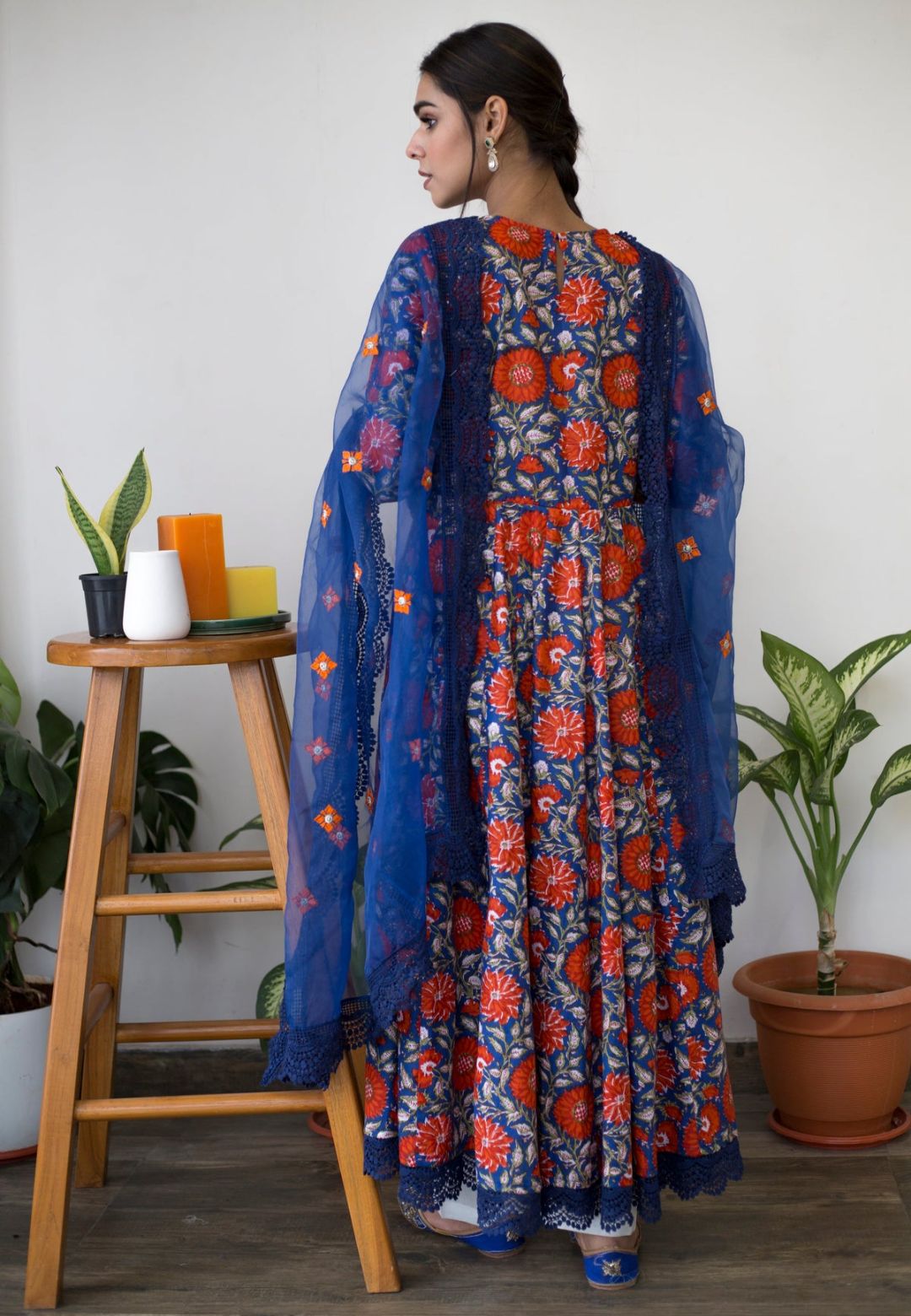 DAHLIA BLUE COTTON ANARKALI SUIT SET