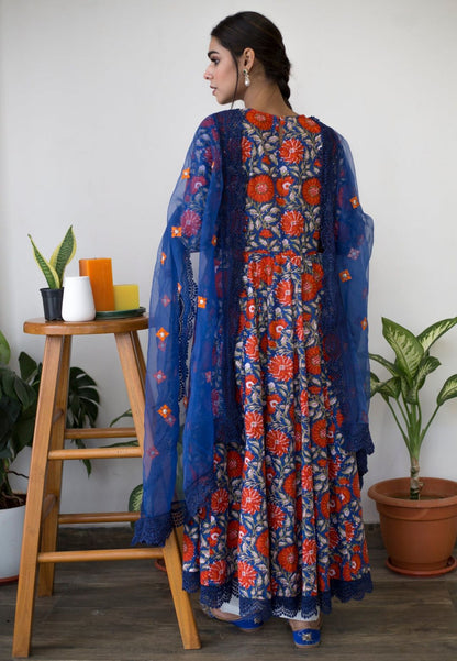 DAHLIA BLUE COTTON ANARKALI SUIT SET