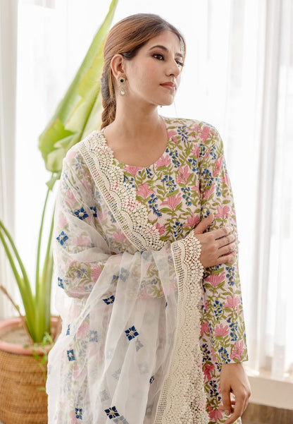 WHITE DAHLIA COTTON ANARKALI SUIT SET