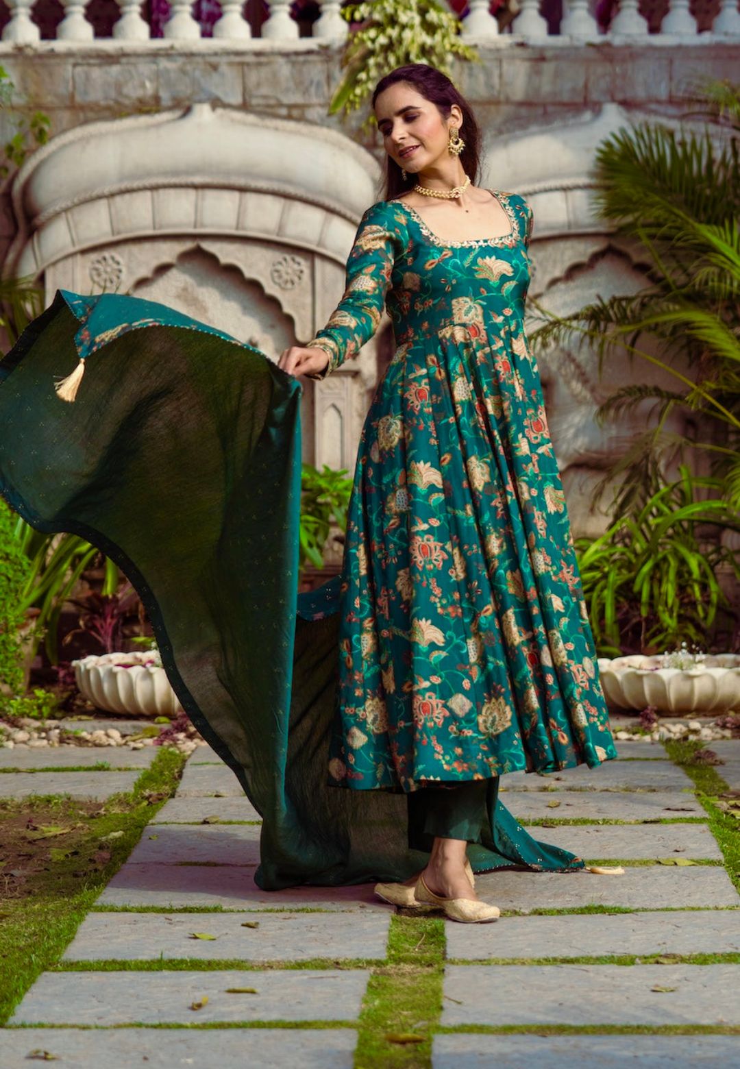 GREEN COTTON SILK FLORAL ANARKALI SUIT SET