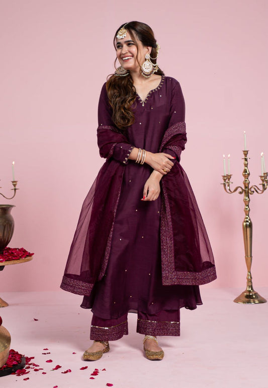 PURPLE WINE COTTON SILK SUIT SET