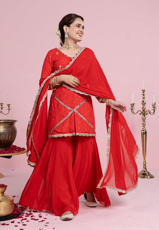 VIBRANT RED COTTON SILK SUIT SET