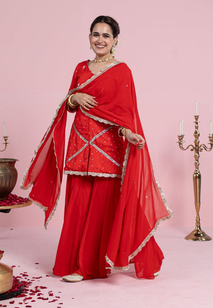 VIBRANT RED COTTON SILK SUIT SET