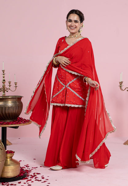 VIBRANT RED COTTON SILK SUIT SET