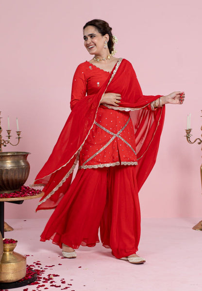 VIBRANT RED COTTON SILK SUIT SET