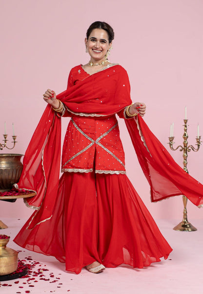 VIBRANT RED COTTON SILK SUIT SET