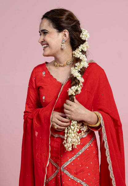 VIBRANT RED COTTON SILK SUIT SET