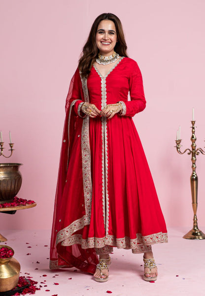 PARVATHI RADIANT RED COTTON SILK ANARKALI SUIT SET