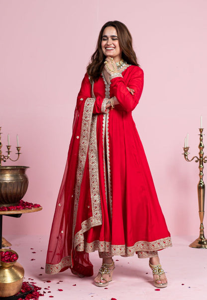 PARVATHI RADIANT RED COTTON SILK ANARKALI SUIT SET