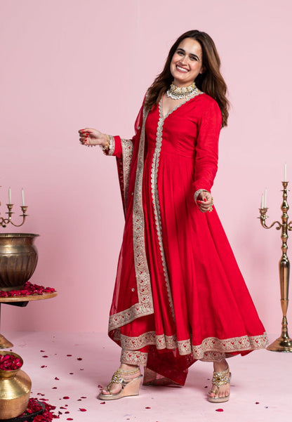 PARVATHI RADIANT RED COTTON SILK ANARKALI SUIT SET