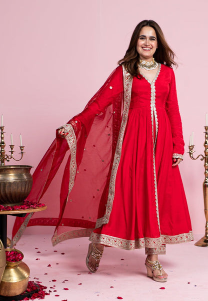 PARVATHI RADIANT RED COTTON SILK ANARKALI SUIT SET