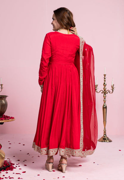 PARVATHI RADIANT RED COTTON SILK ANARKALI SUIT SET